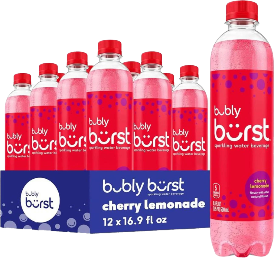 bubly bubly burst Sparkling Water Beverage, Cherry Lemonade, 16.9 fl oz Bottles (12 Pack) — product image
